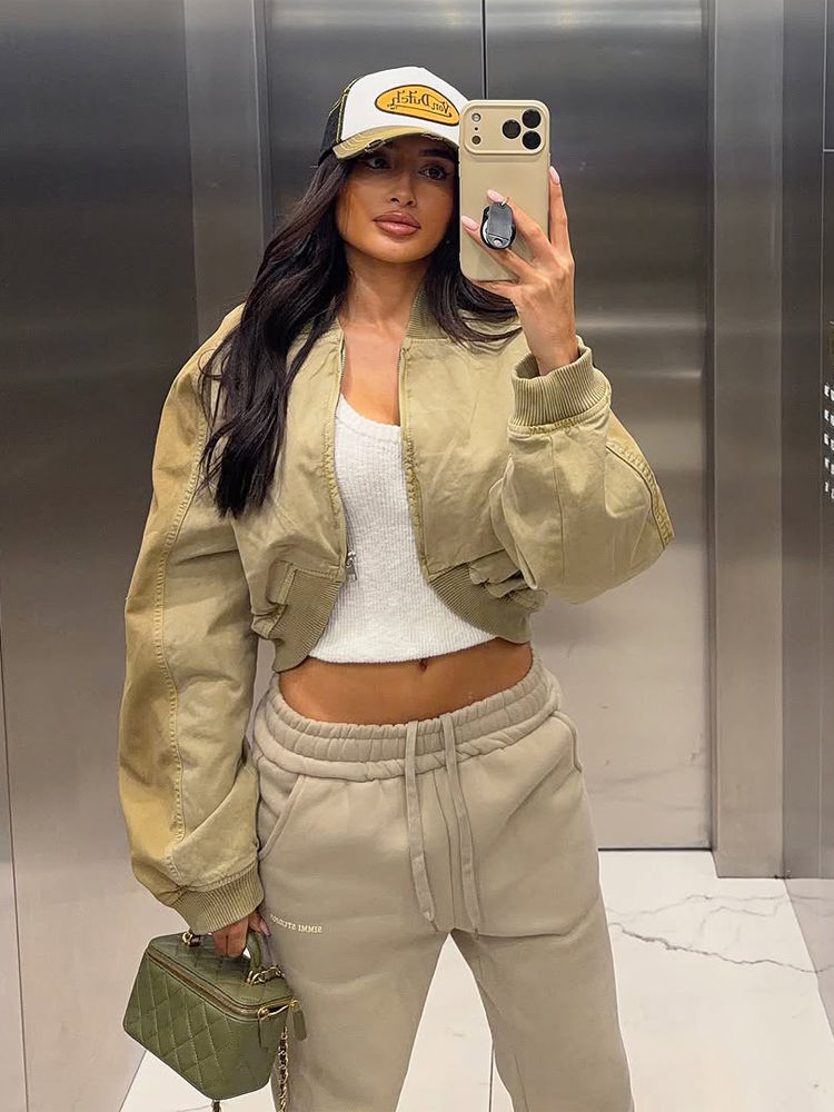 Cropped Bomber Short Jackets Women Solid Folded Hem Zipper Pockets Full Sleeves