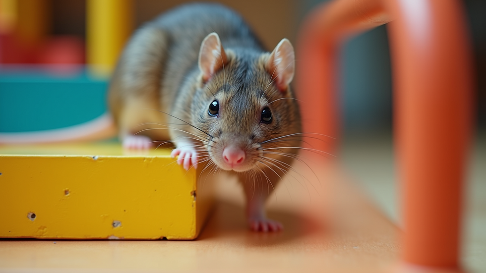 Close-up view of a rat exploring a colorful obstacle course
