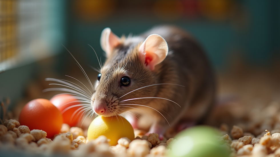 Close-up view of a pet rat exploring its cage with toys