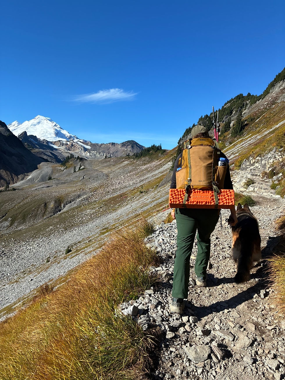 a person hiking on a trail in the mountains