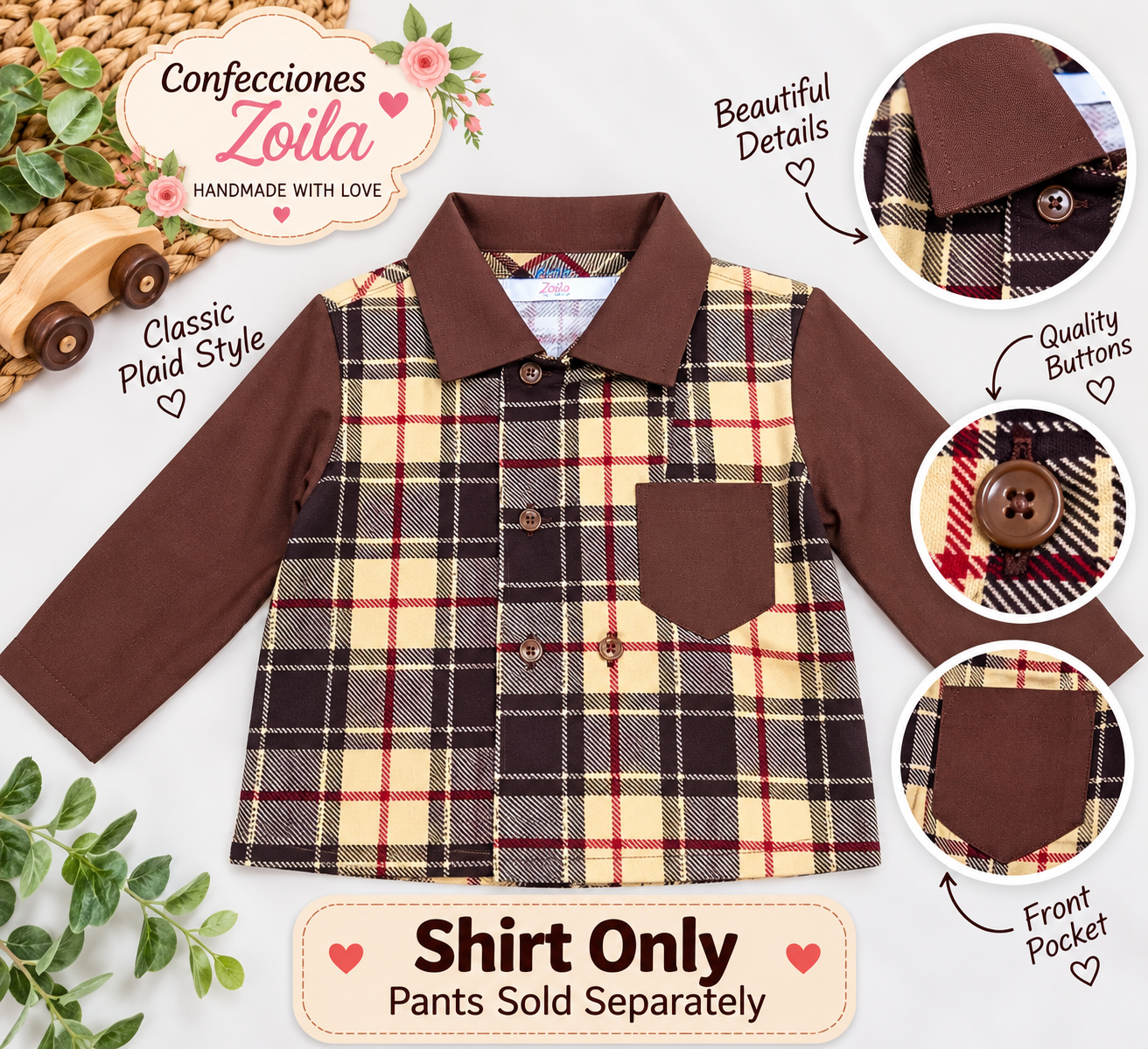 🤎 Boys' Brown & Beige Plaid Shirt with Solid Brown Sleeves