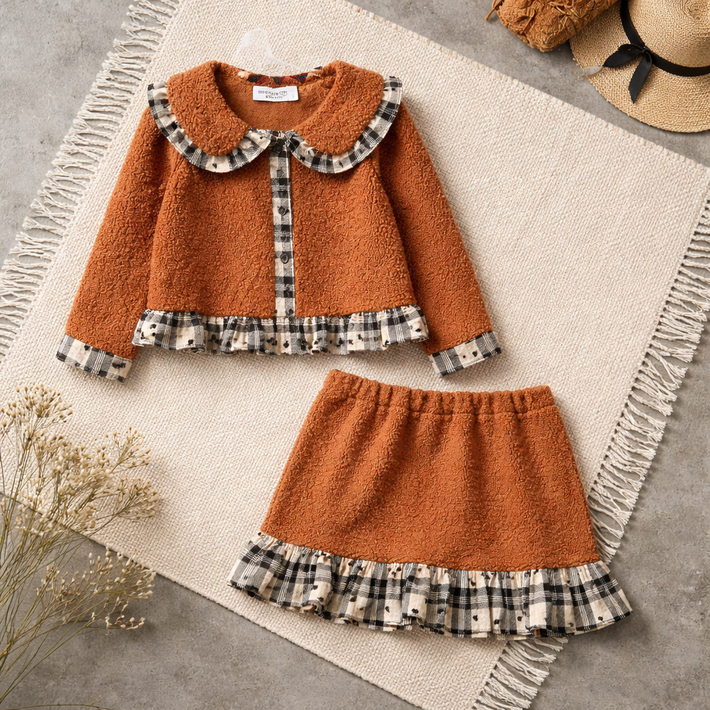Handmade Terracotta Cozy Plaid Girls Set – Boutique Outfit