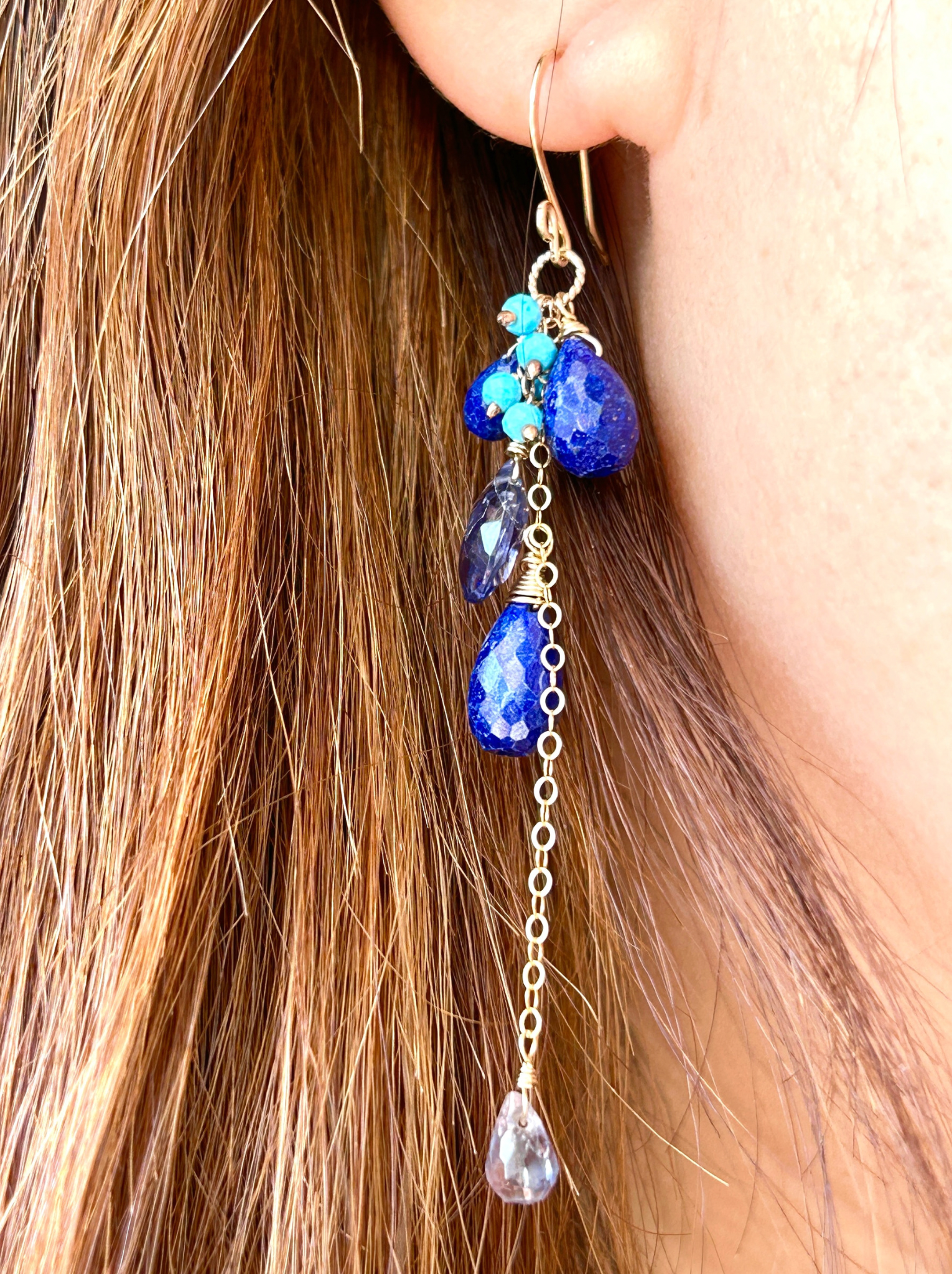 Lapis turquoise earrings, denim blue lapis earrings with iolite and turquoise