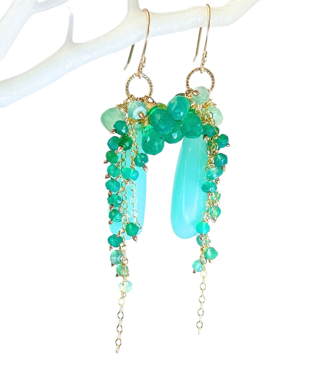 Seafoam mint chalcedony gemstone cluster earrings,  unique eye catching green om