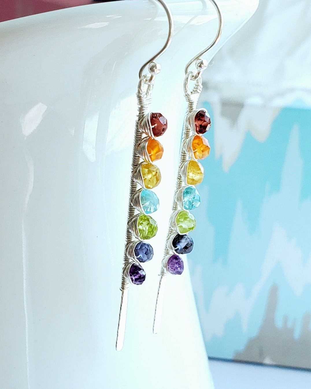 Silver gemstone bar dangle earring, natural rainbow birthstone earring