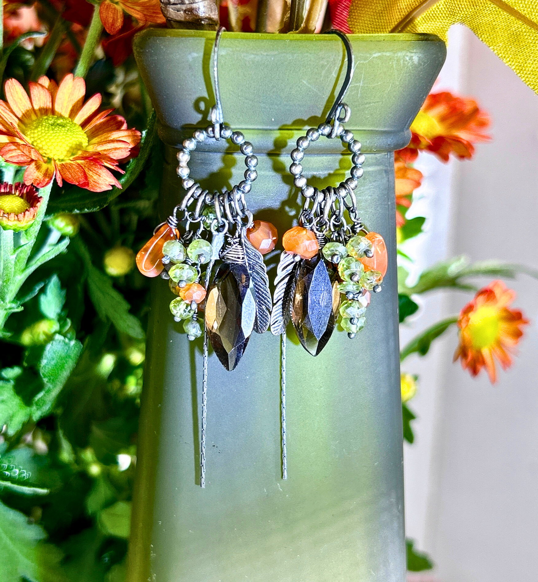 Oxides Sterling silver leaf earring with smoky quartz, peridot, carnelian gemsto