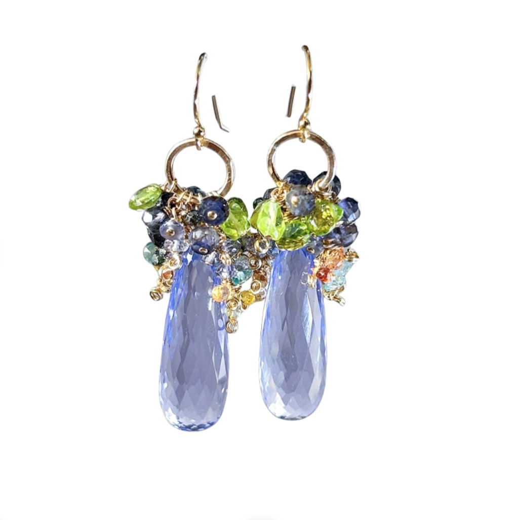 Blue topaz quartz cluster earrings w peridot, sapphire