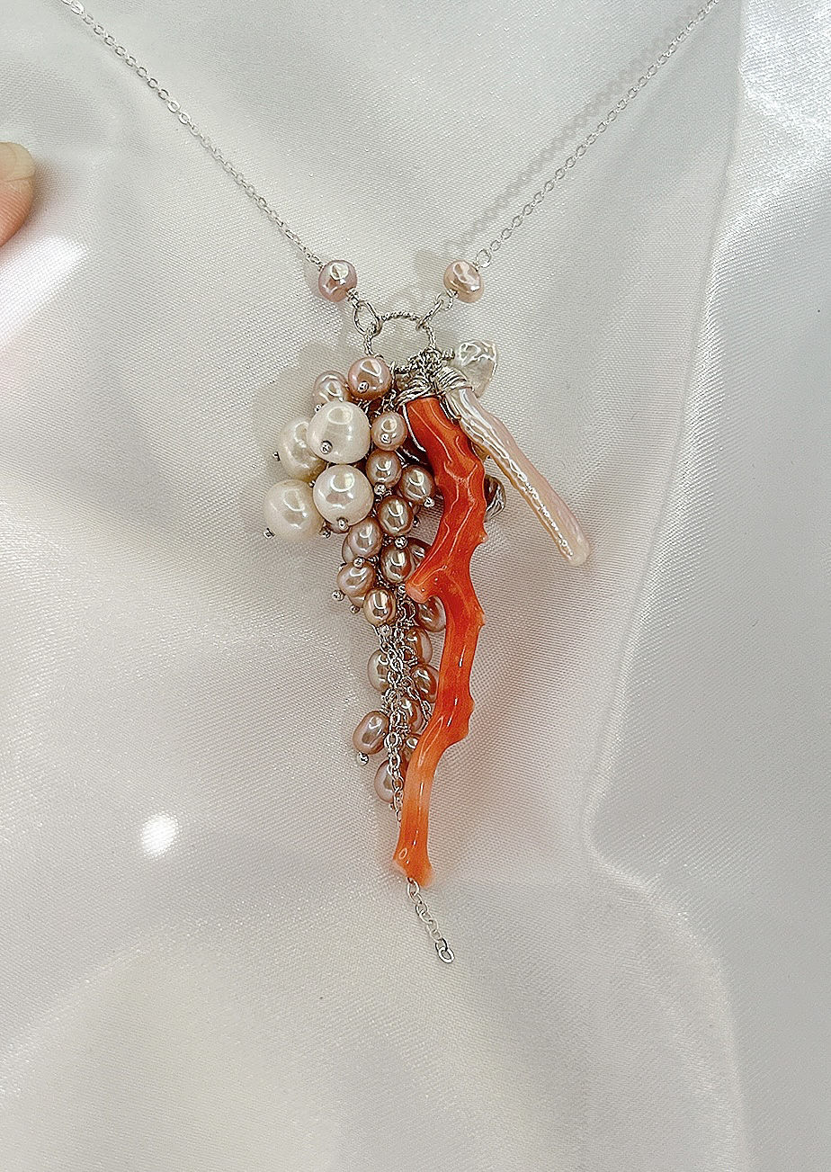 Thumbnail: Pearl coral long cluster necklace,a beautiful addition to any jewelry collection