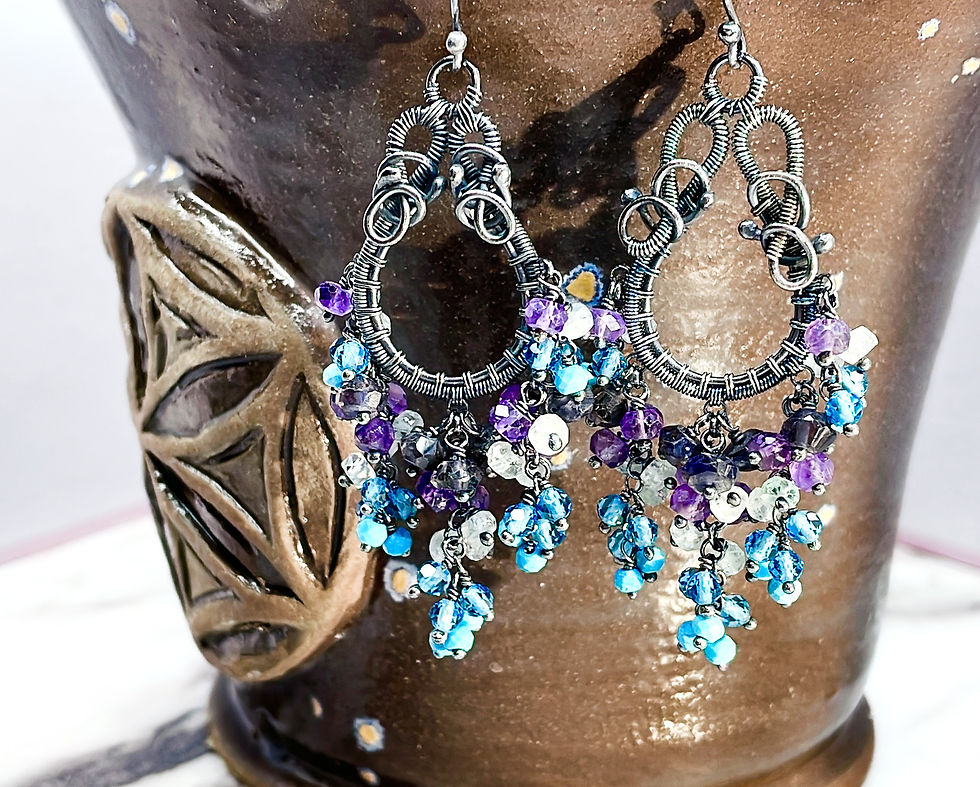 Thumbnail:  Gemstone cluster chandelier earring, opal, pink tourmaline, pink chalcedony,