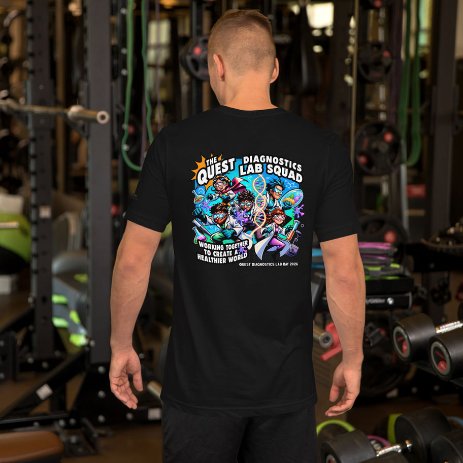 Man wearing black Quest For Squish t-shirt