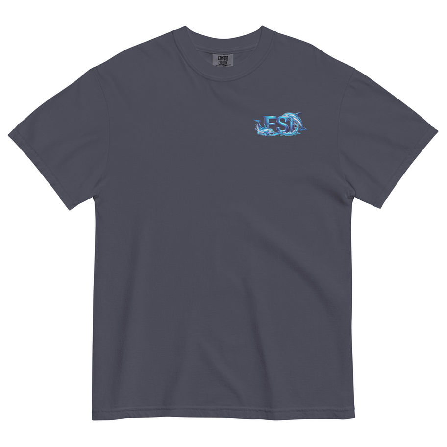 Dark grey t-shirt with light blue chest logo