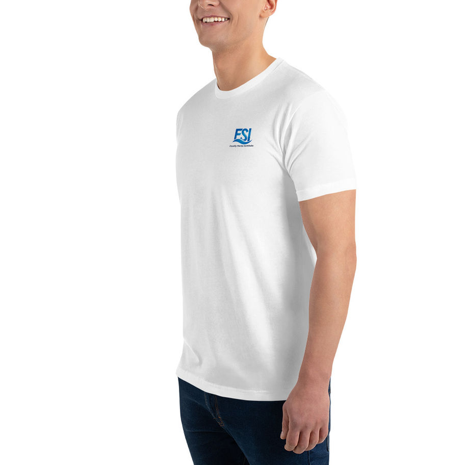 Man in white t-shirt with blue logo