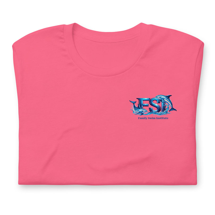 Folded pink t-shirt with blue dolphin logo