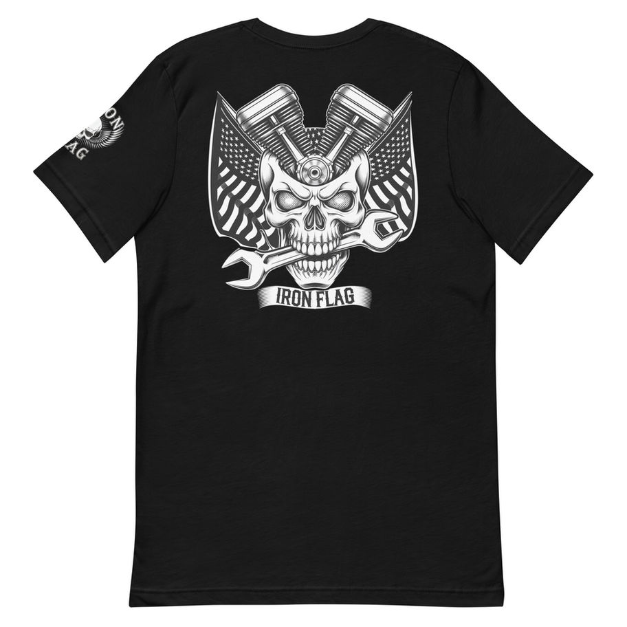 Black t-shirt with skull, winged engine, and wrench graphic