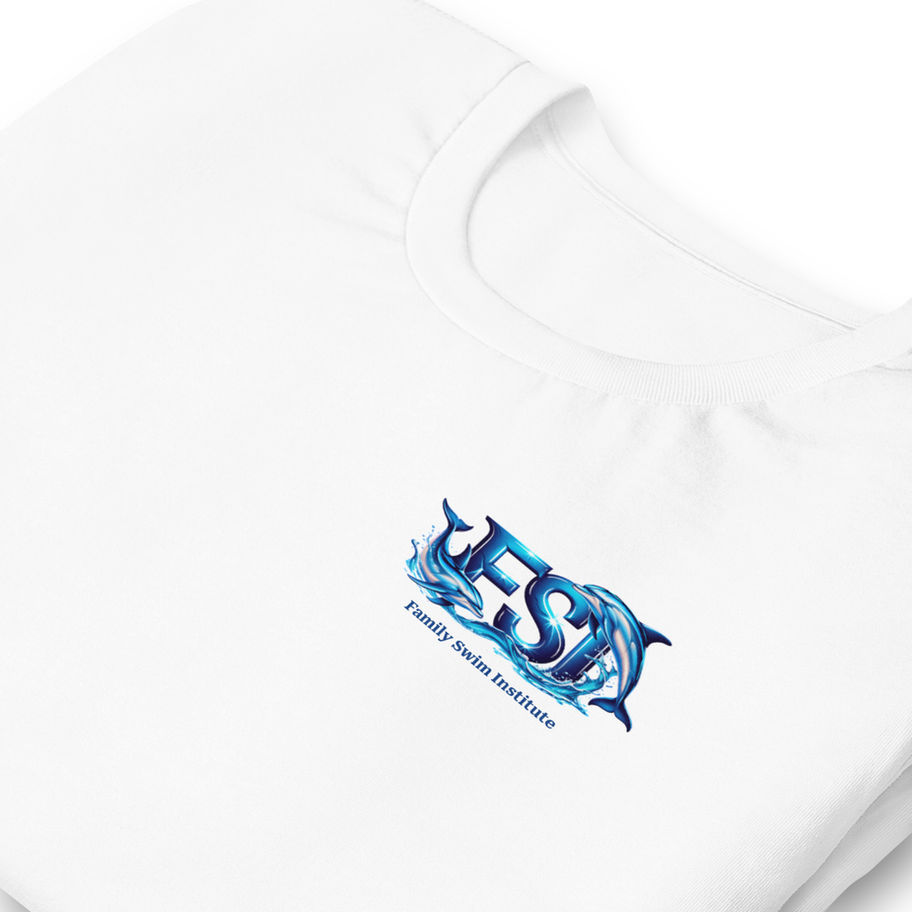 White t-shirt with blue logo of dolphins and waves