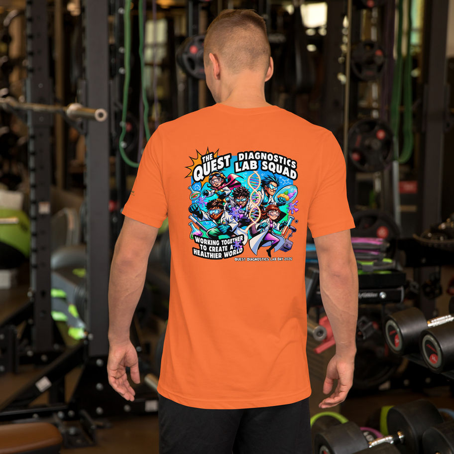 Back of person in orange t-shirt with colorful cartoon graphic