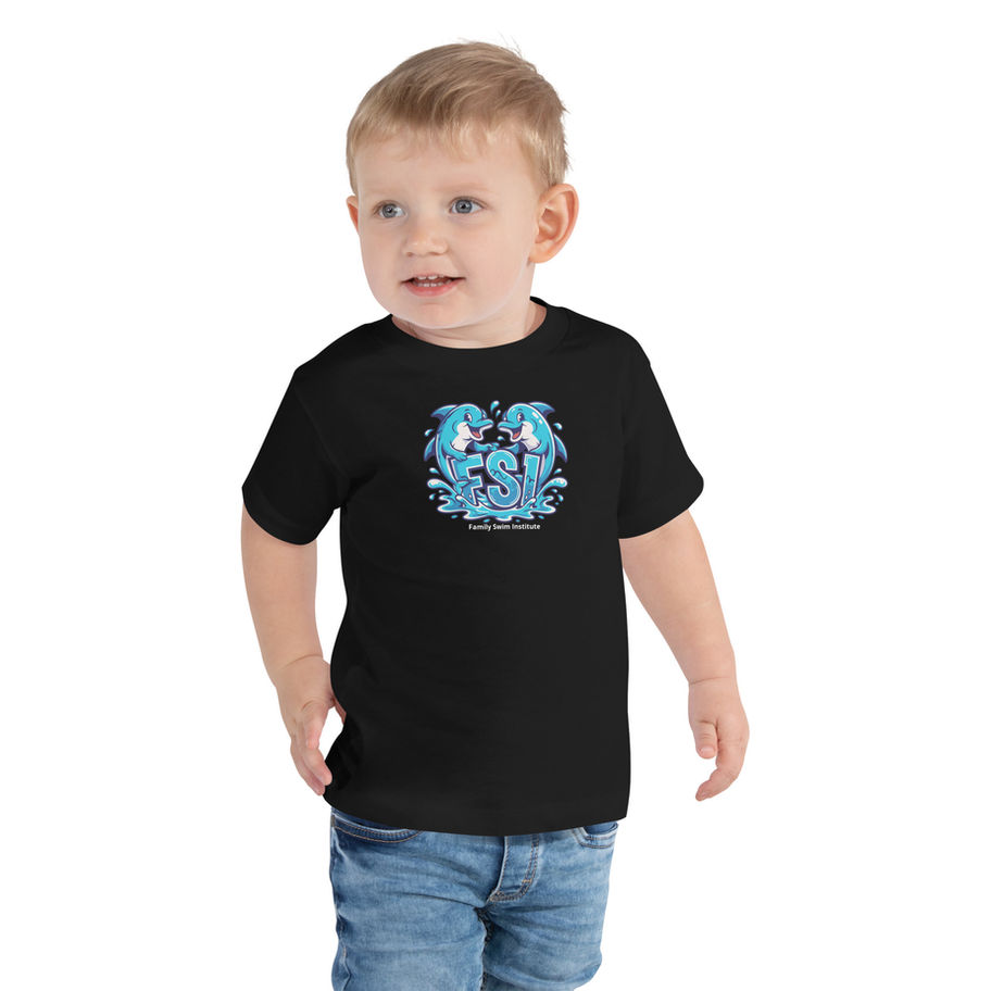 Toddler in black t-shirt with blue graphic