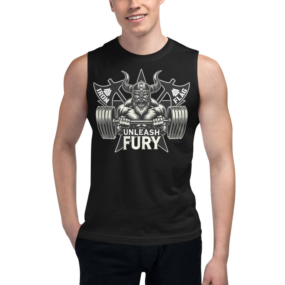 Black sleeveless t-shirt with 'UNLEASH FURY' graphic