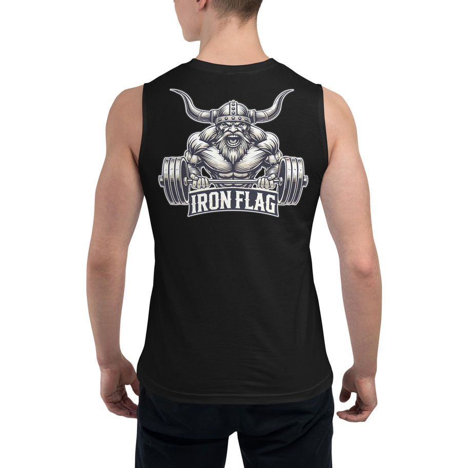 Black sleeveless shirt with Viking graphic and IRON FLAG