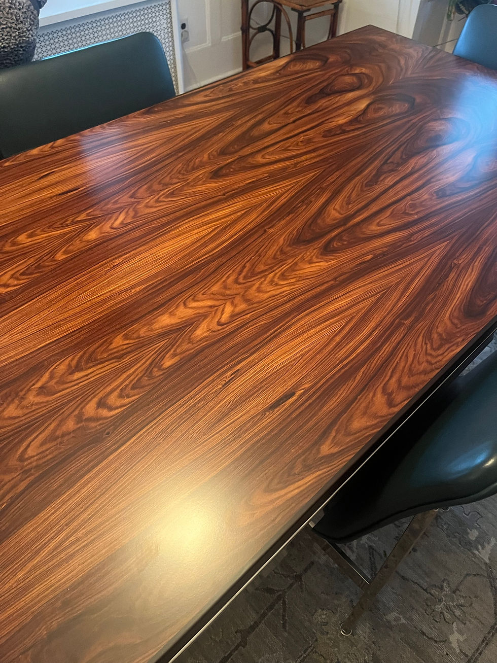 Refinished 1960 prototype Cumberland Furniture mid-century dining table with dramatic figured grain, White Plains, New York.