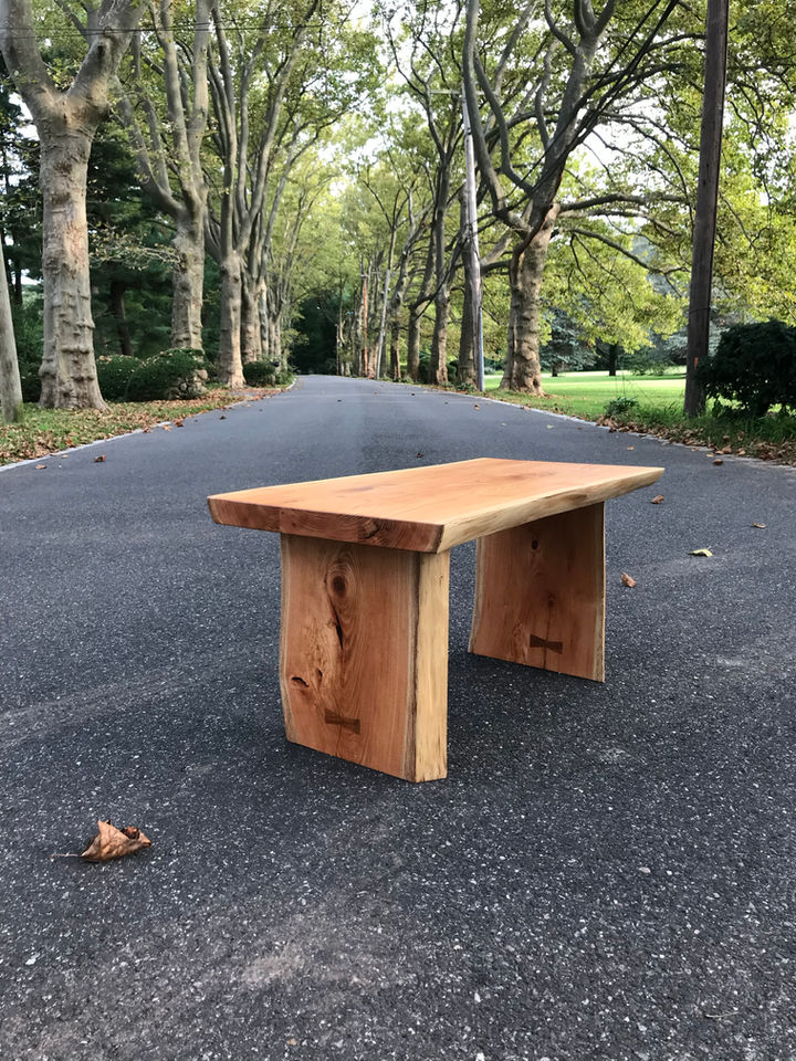 La Selva live edge honey locust coffee table with bow tie inlays on a Mill Neck road lined with London plane trees.
