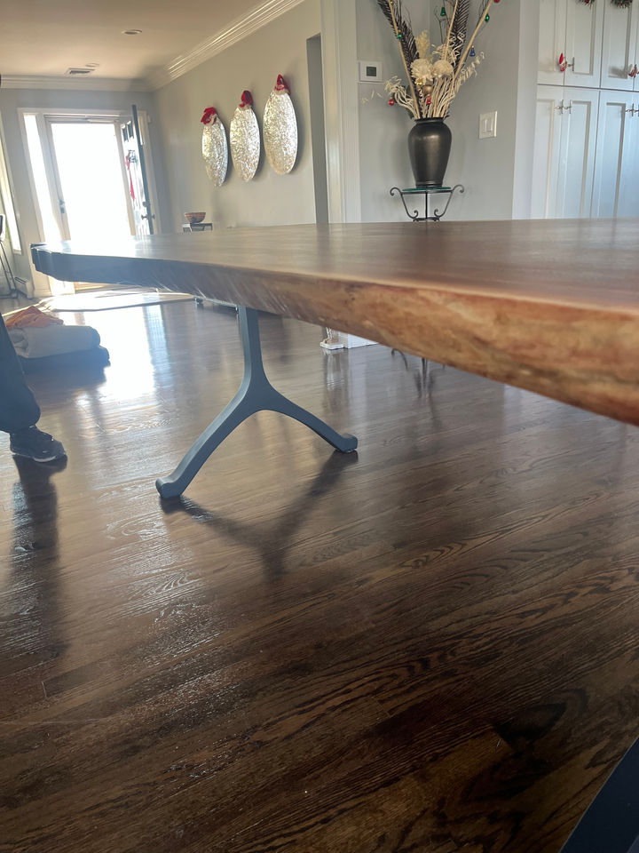 Low view along the live edge of the black walnut slab and one black wishbone leg, Bayville, NY