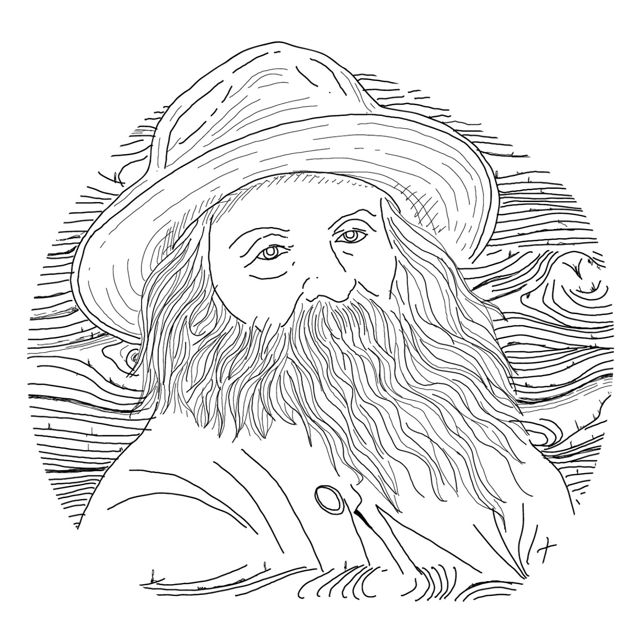 Walt Whitman illustration over a wood grain background, Local Wood is a Vibe by Sound Designs