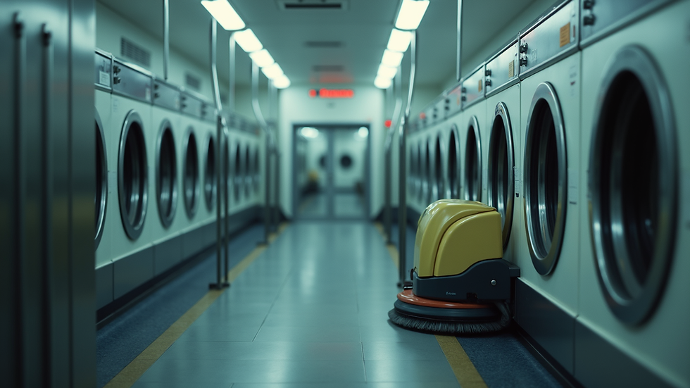 Wide angle view of a scrubber machine in action