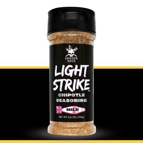 Close Up of Smoked Bros Light Strike Spice Blend in bottle. Chipotle Rub