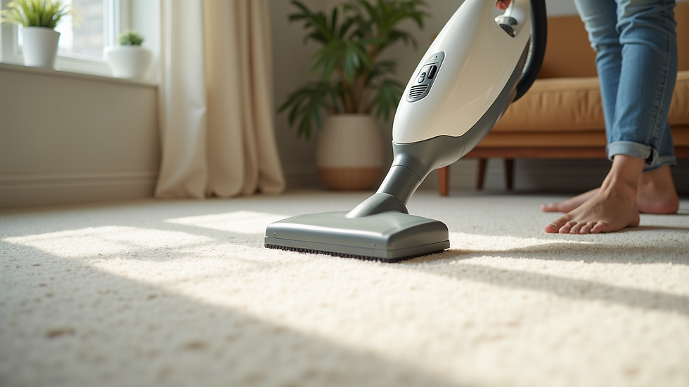 Close-up view of a steam cleaner gently cleaning a carpet