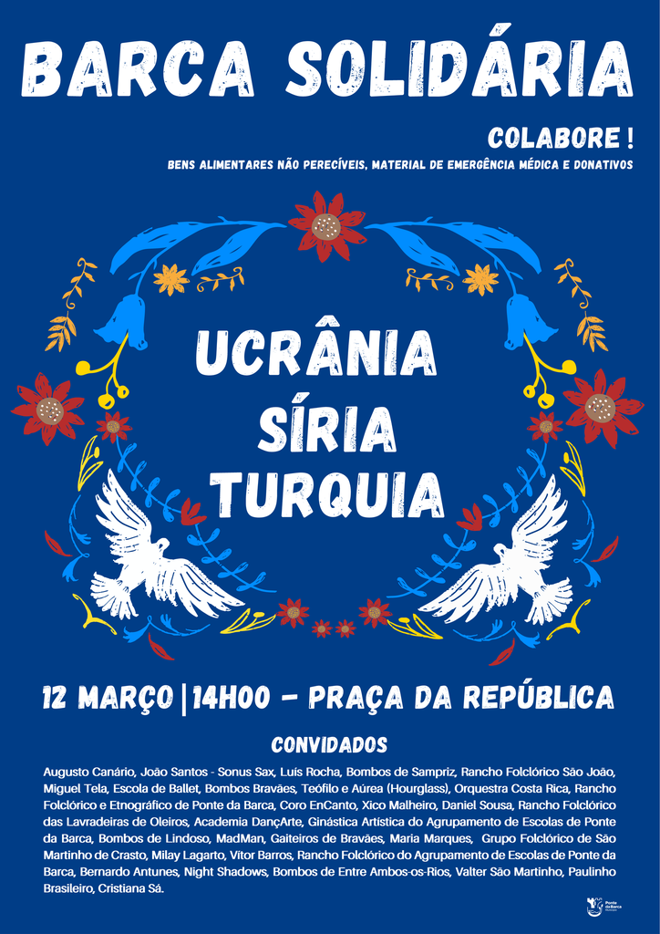 cartaz da iniciativa, fundo azul marinho, com pombas brancas rodeadas de flores coloridas