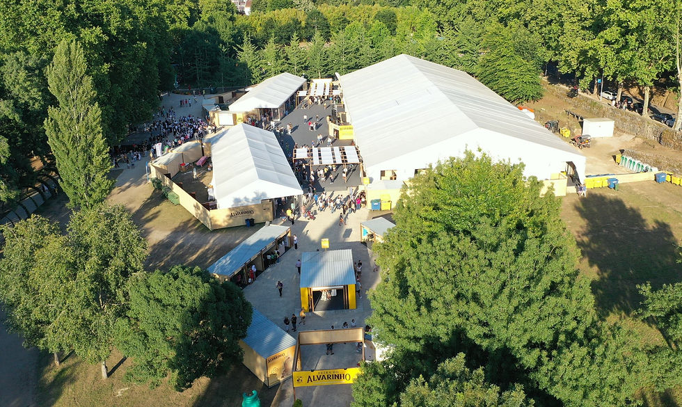 tendas montadas num parque rodeado de árvores verdes