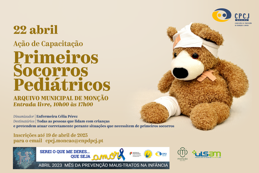 cartaz com ursinho de peluche com penso de primeiros socorros na cabeça e no pé