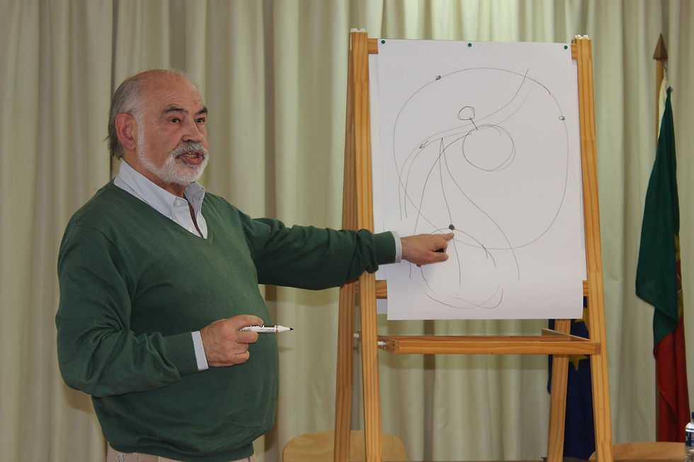 homem de camisola verde, apontando para um cavalete com um desenho