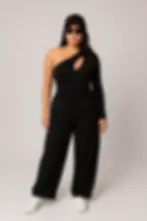 Woman in black one-shoulder top and pants, fashion model, Skynn