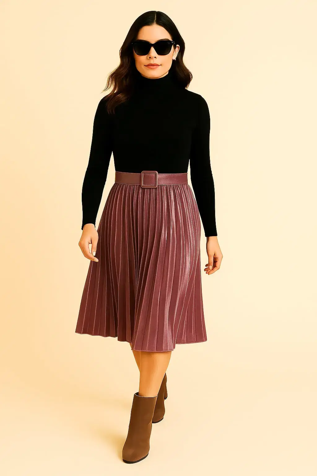 Woman wearing black turtleneck, pleated skirt. The Pinstripe long sleeve semi formal Knot Shirt. Skynn