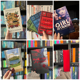 Hands hold colorful book covers against a bookshelf, featuring titles like "The Once and Future Witches" and "Morganville Vampires."