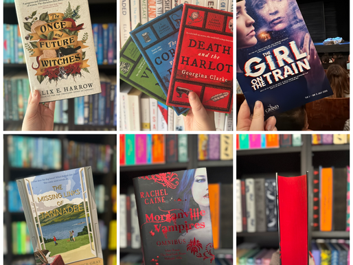 Hands hold colorful book covers against a bookshelf, featuring titles like "The Once and Future Witches" and "Morganville Vampires."