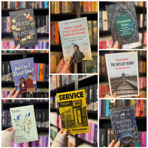 A collage of seven books held by hands, featuring colorful and varied book covers, set against a backdrop of shelves filled with books.