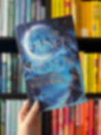 A hand holds a book titled "The Prince Without Sorrow" by Maithree Wijesekara. Cover features blue tones, moonlit scene with a tiger. Bookshelf behind.