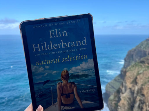 Tablet showing "Elin Hilderbrand, Natural Selection" held by a hand. Background: ocean and cliffs under blue sky. Calm and scenic.