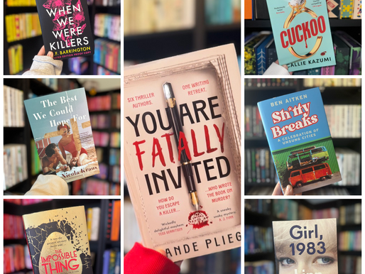 A collage of seven book covers held in front of a blurred bookshelf. Titles include "When We Were Killers" and "You Are Fatally Invited."