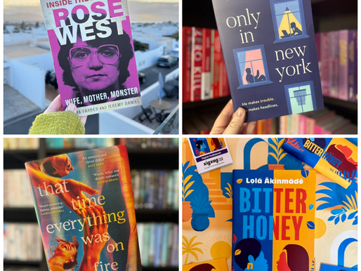 Four books displayed; each cover held or positioned against colorful backgrounds. Titles: Inside the Mind, Only in New York, Everything on Fire, Bitter Honey.