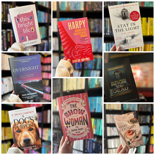 Hands holding seven colourful book covers against blurred bookshelves, featuring titles like "This Bright Life" and "Picture You Dead."