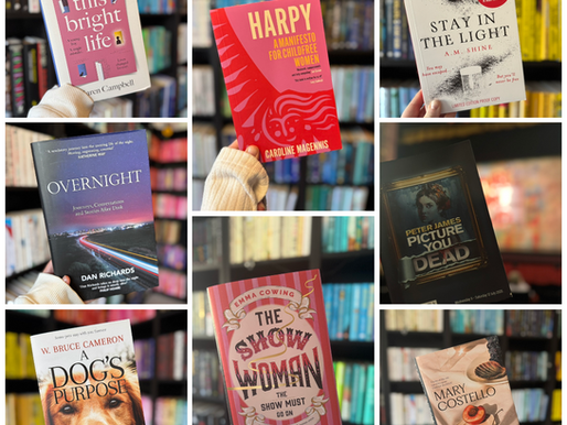 Hands holding seven colourful book covers against blurred bookshelves, featuring titles like "This Bright Life" and "Picture You Dead."