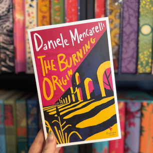 Hand holding "The Burning Origin" book by Daniele Mencarelli, with colorful cover. Bookshelf with vibrant spines in the background.