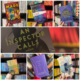 Hands holding various book covers against colorful, organized bookshelves. Titles include Made for You, The Girl in Cell A, and Albion.