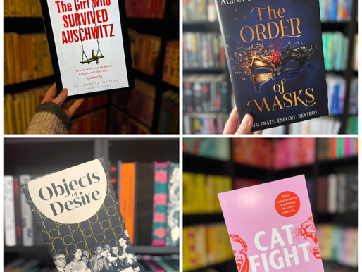 Hands holding four book covers against a blurred bookshelf background. Covers include titles like "The Girl Who Survived Auschwitz."