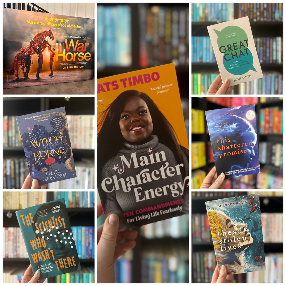 Collage of seven book covers, including "War Horse" and "Main Character Energy." Hands hold various colorful books against a bookshelf backdrop.