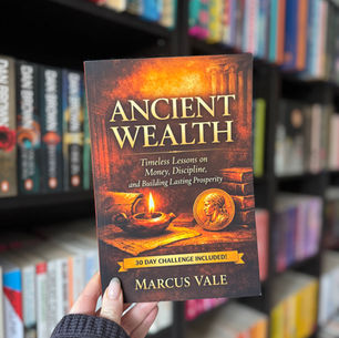 Person holds a book titled "Ancient Wealth" by Marcus Vale in a bookstore. The cover features a lit oil lamp and ancient coin design.